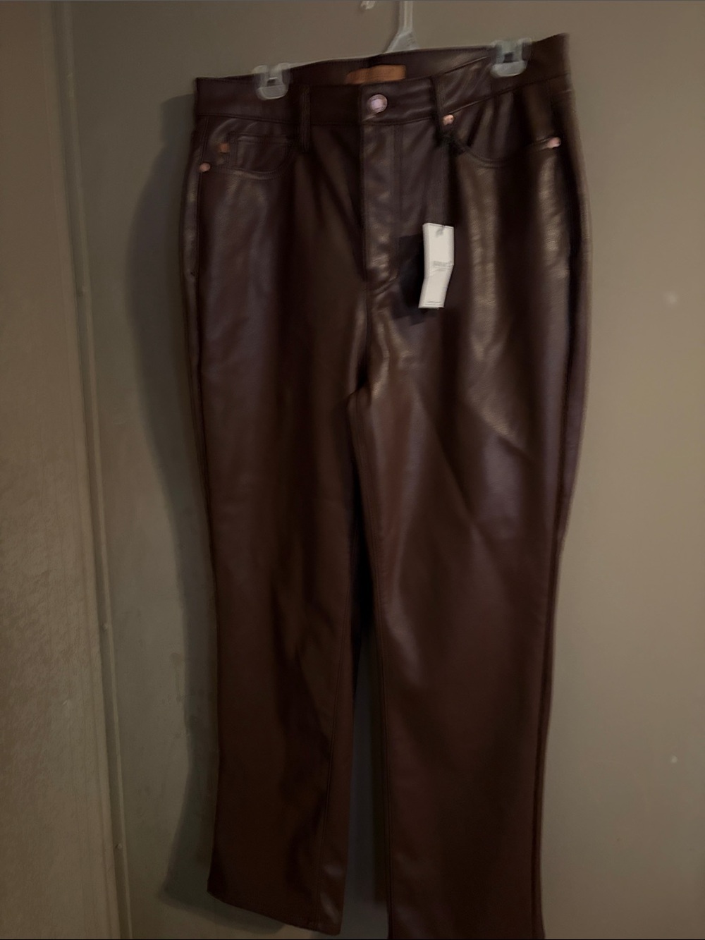 Judy Blue Faux Leather Straight-Leg Pants in Dark Brown